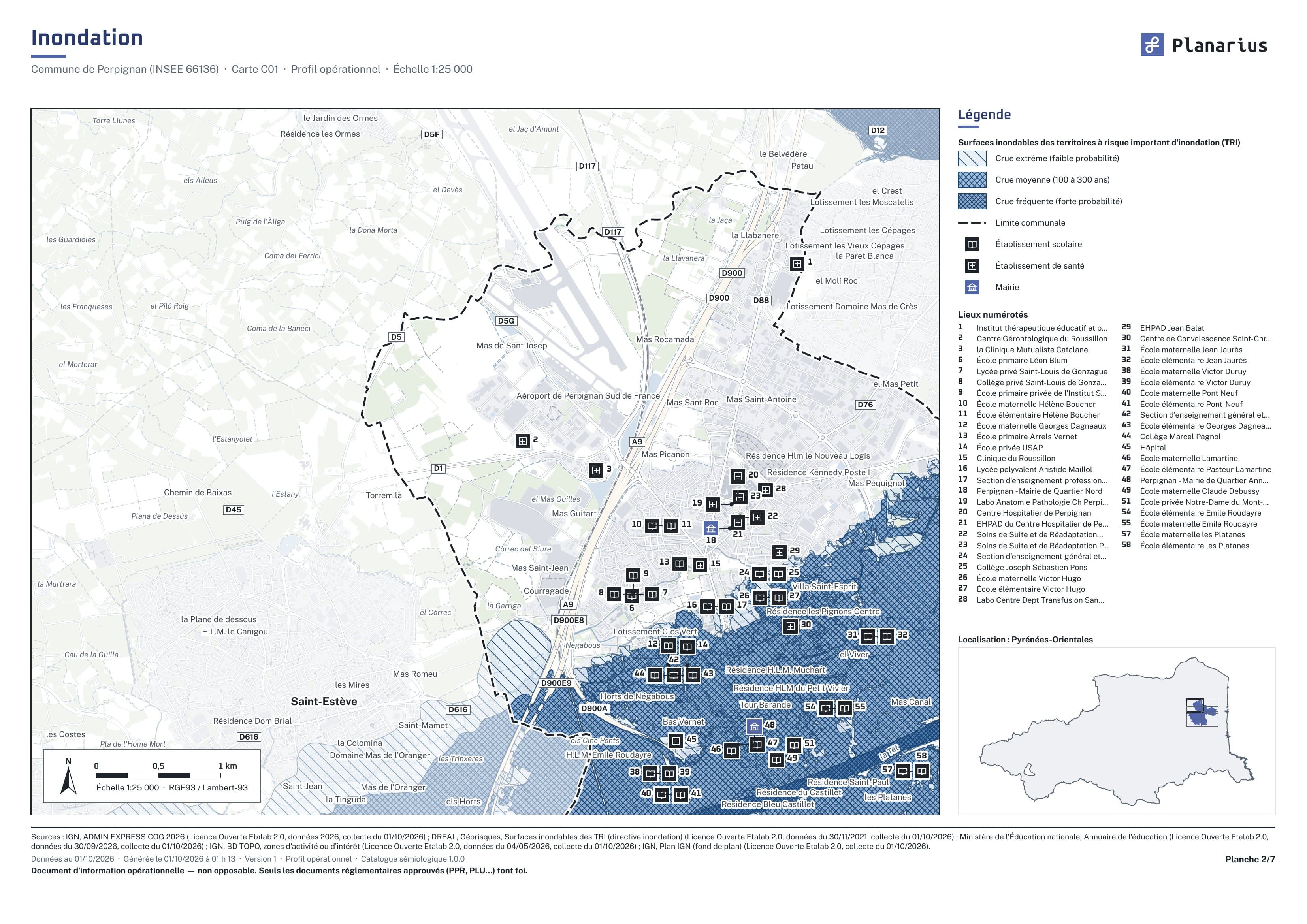 Planche A3 du risque inondation à Perpignan : zones inondables, limite communale, établissements scolaires, établissements de santé et mairie numérotés, légende et carte de situation dans les Pyrénées-Orientales.